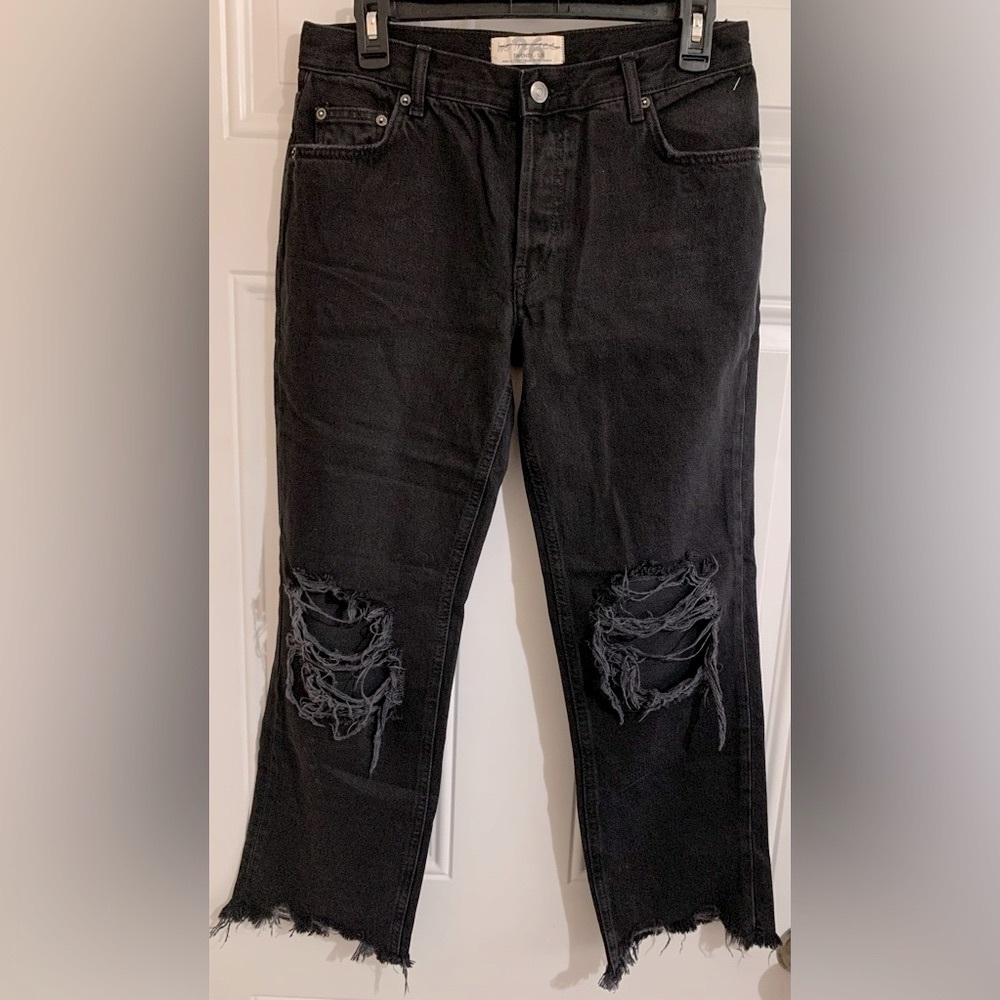 We the Free People Denim Jeans Women 26 Distressed Crop Pants Black Boho Raw Hem